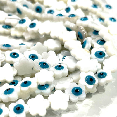 Mother Of Pearl Natural Flower Beads With Evil Eye, 10 Beads in a pack