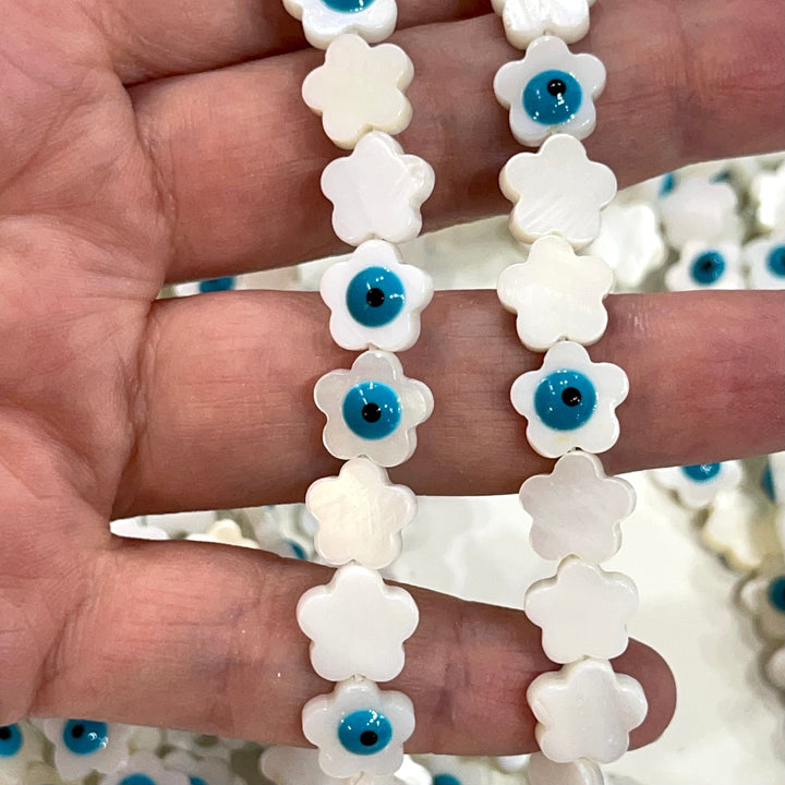 Mother Of Pearl Natural Flower Beads With Evil Eye, 10 Beads in a pack