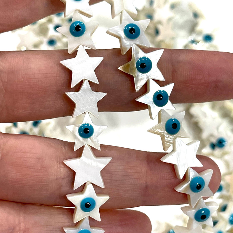 Mother Of Pearl Natural Star Beads With Evil Eye, 10 Beads in a pack