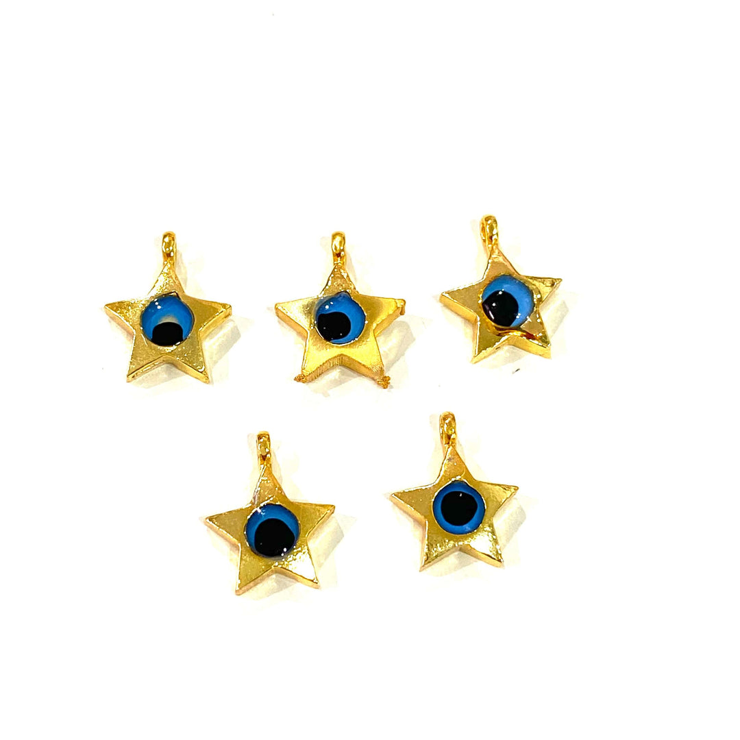 24Kt Shiny Gold Plated Star Evil Eye Charms, 5 Pcs in a Pack