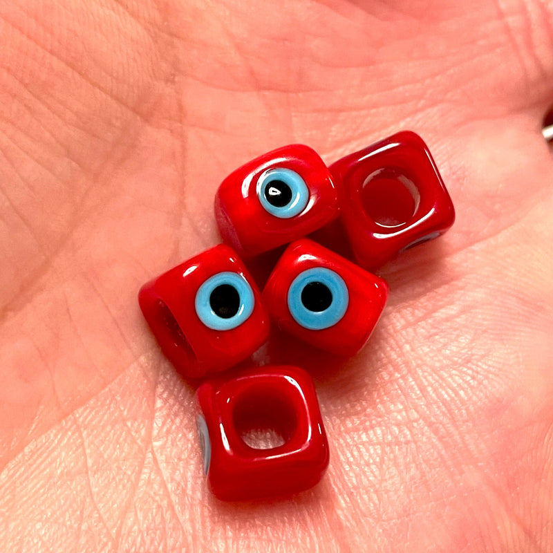 Red-Hand Made Large Hole Murano Glass Evil Eye Beads, 5 Pcs in a pack
