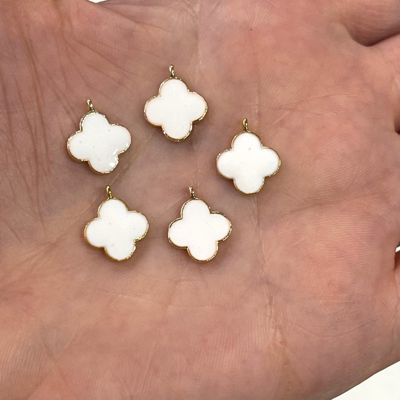24Kt Gold Plated White Enamelled Clover Charms, 5 pcs in a Pack