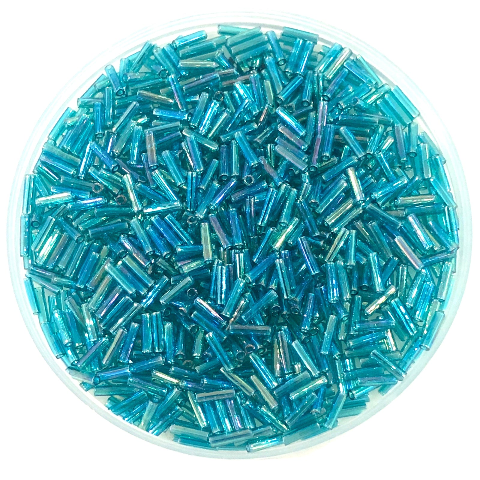 Miyuki Bugles size 6mm 2458 Transparent Teal AB 10 grams.