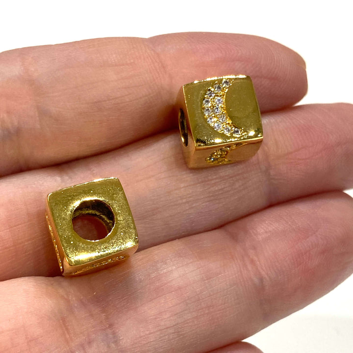 24Kt Gold Plated Brass 10mm Crescent 4 Sided Micro Pave Charm, Large Hole Pandora Crescent Gold Spacer