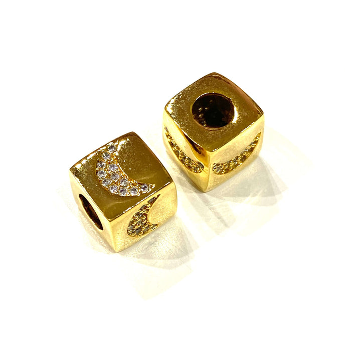 24Kt Gold Plated Brass 10mm Crescent 4 Sided Micro Pave Charm, Large Hole Pandora Crescent Gold Spacer