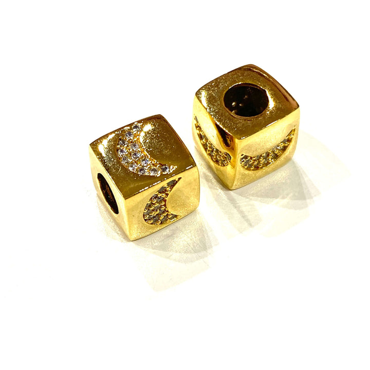 24Kt Gold Plated Brass 10mm Crescent 4 Sided Micro Pave Charm, Large Hole Pandora Crescent Gold Spacer