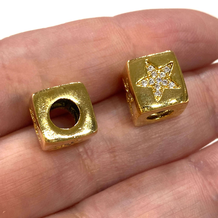 24Kt Gold Plated Brass 10mm Star 4 Sided Micro Pave Spacer Charm, Large Hole Pandora Star Gold Spacer