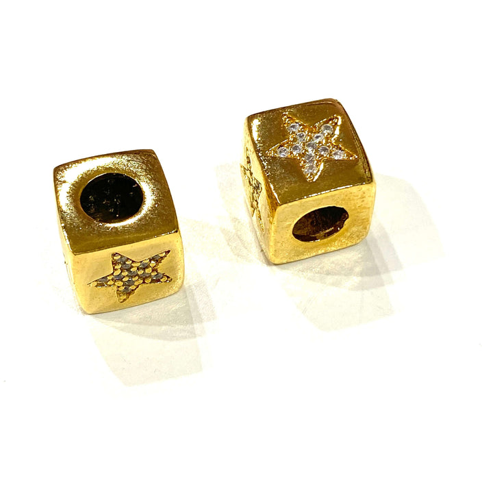 24Kt Gold Plated Brass 10mm Star 4 Sided Micro Pave Spacer Charm, Large Hole Pandora Star Gold Spacer
