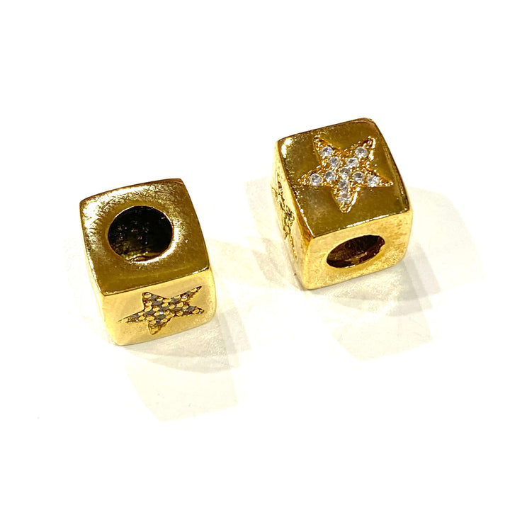 24Kt Gold Plated Brass 10mm Star 4 Sided Micro Pave Spacer Charm, Large Hole Pandora Star Gold Spacer