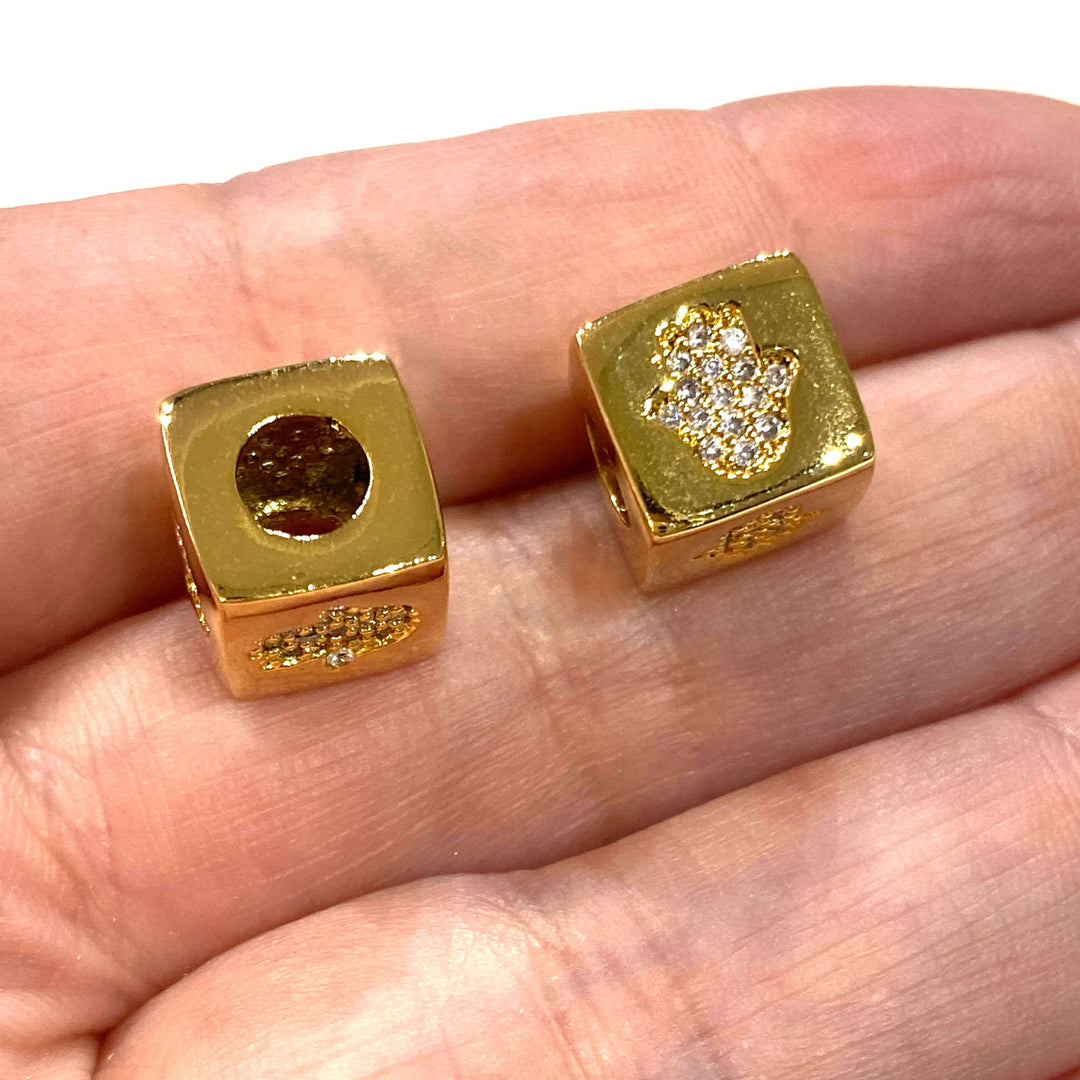 24Kt Gold Plated Brass 10mm Hamsa 4 Sided Micro Pave Spacer Charm, Large Hole Pandora Hamsa Gold Spacer