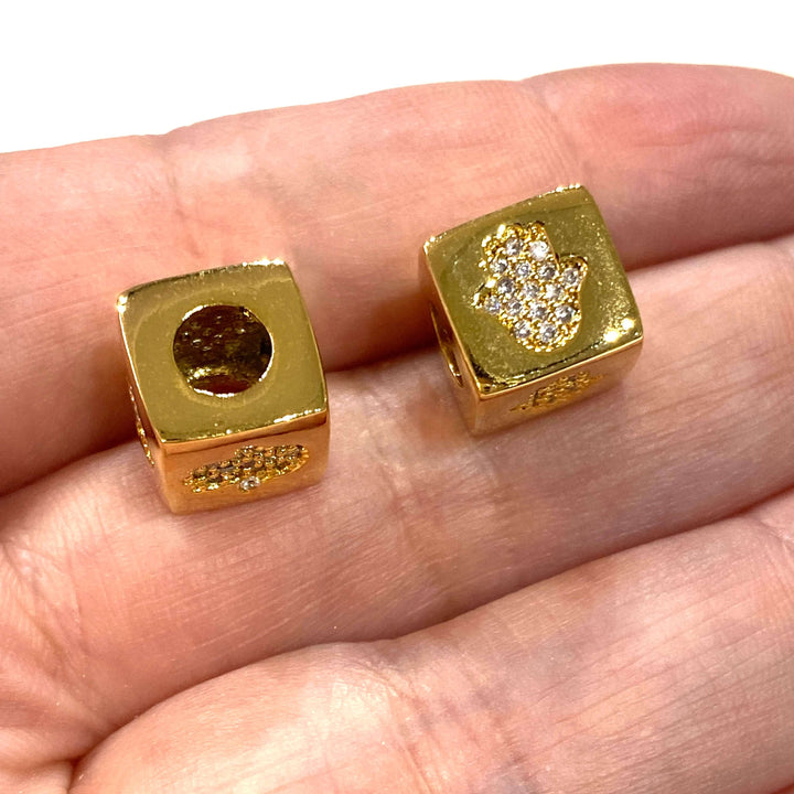 24Kt Gold Plated Brass 10mm Hamsa 4 Sided Micro Pave Spacer Charm, Large Hole Pandora Hamsa Gold Spacer