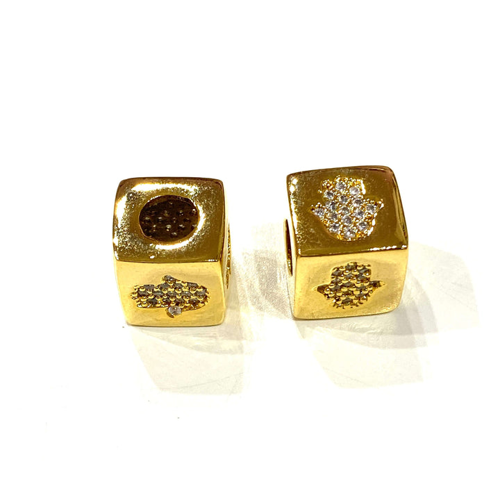24Kt Gold Plated Brass 10mm Hamsa 4 Sided Micro Pave Spacer Charm, Large Hole Pandora Hamsa Gold Spacer