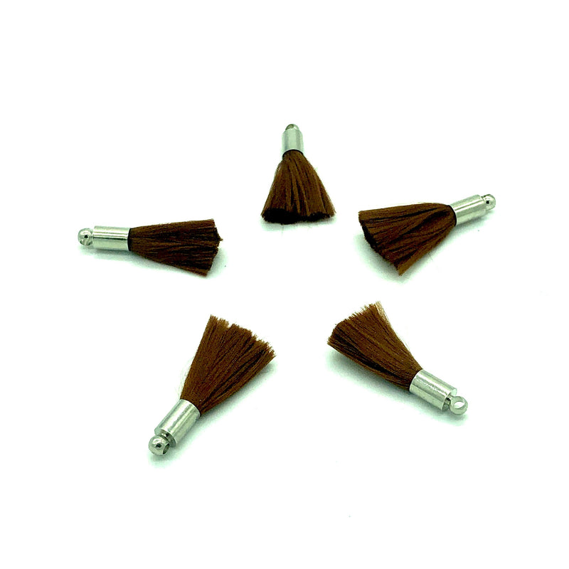 Brown Mini Silk Tassels with Rhodium Plated Caps, 5 Tassels in a pack