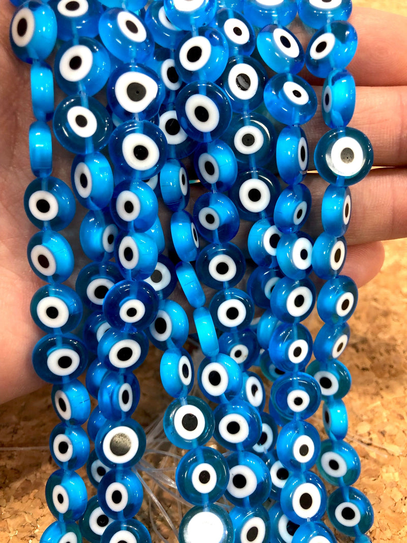 Evil Eye Beads, Strand of 32, Flat Round, 12mm Glass Beads