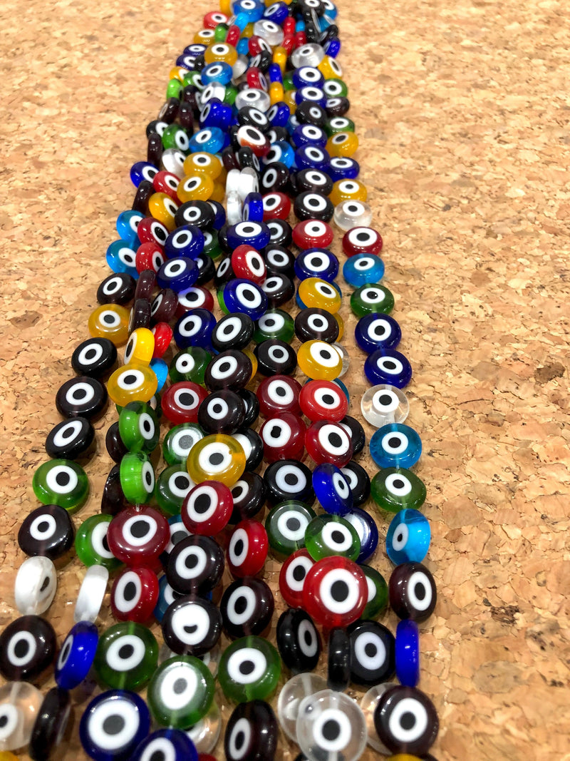 Evil Eye Beads, Strand of 32, Flat Round, 12mm Glass Beads, Lampwork Glass, Evil Eye Jewelry, Lampwork Beads, UK Beading Supply