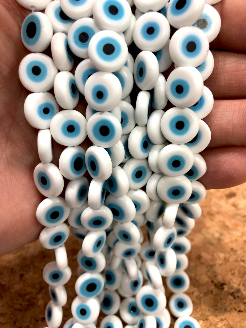 Evil Eye Beads, Strang von 32, flach rund, 12 mm Glasperlen, Lampwork Glas, Evil Eye Schmuck, Lampwork Perlen, UK Beading Supply