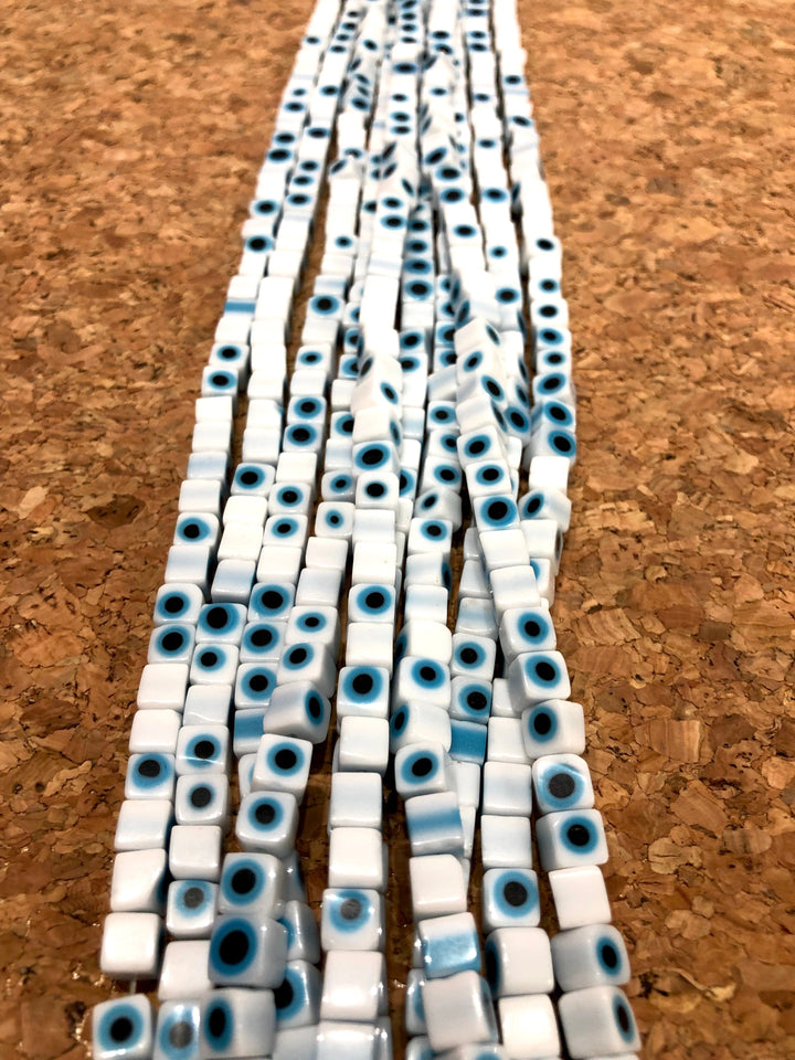Evil Eye Beads, Strand of 65, Cube Glass, 6mm Glass Beads, Lampwork Glass, Evil Eye Jewelry, Lampwork Beads, UK Beading Supply