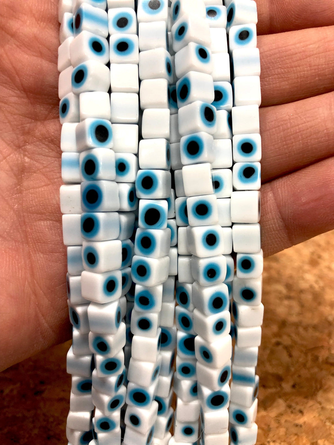 Evil Eye Beads, Strand of 65, Cube Glass, 6mm Glass Beads, Lampwork Glass, Evil Eye Jewelry, Lampwork Beads, UK Beading Supply