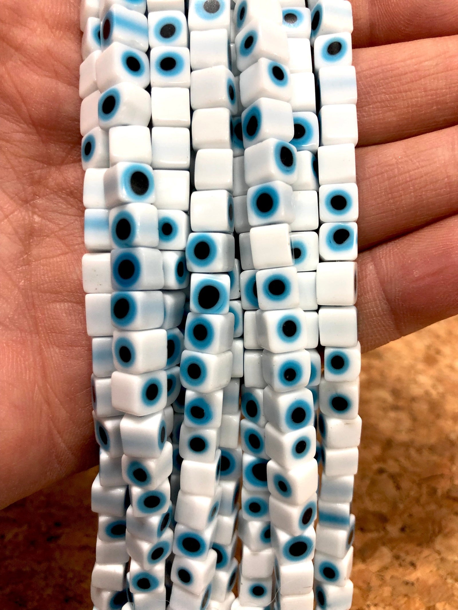 Evil Eye Beads, Strand of 65, Cube Glass, 6mm Glass Beads, Lampwork Glass, Evil Eye Jewelry, Lampwork Beads, UK Beading Supply