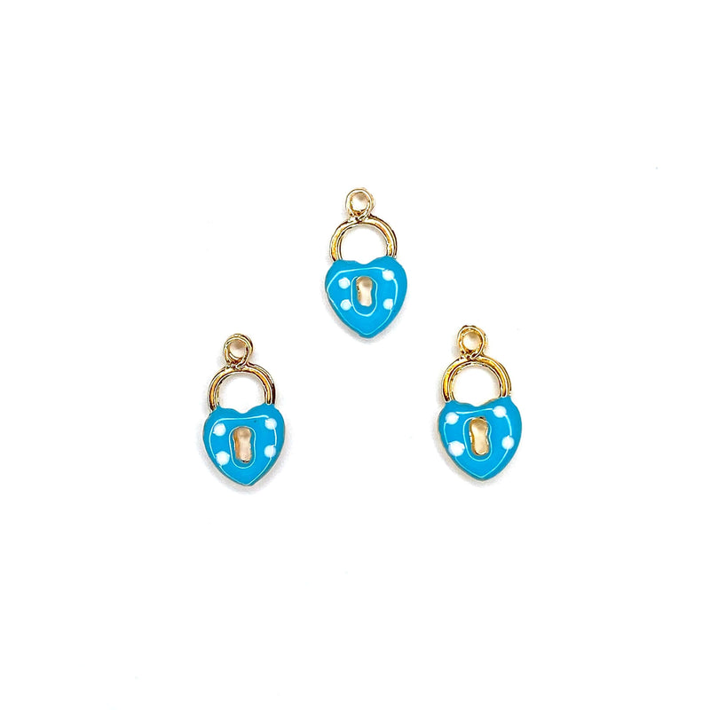 24Kt Shiny Gold Plated Turquoise Enamelled Heart Padlock Charms, 3 pcs in a pack