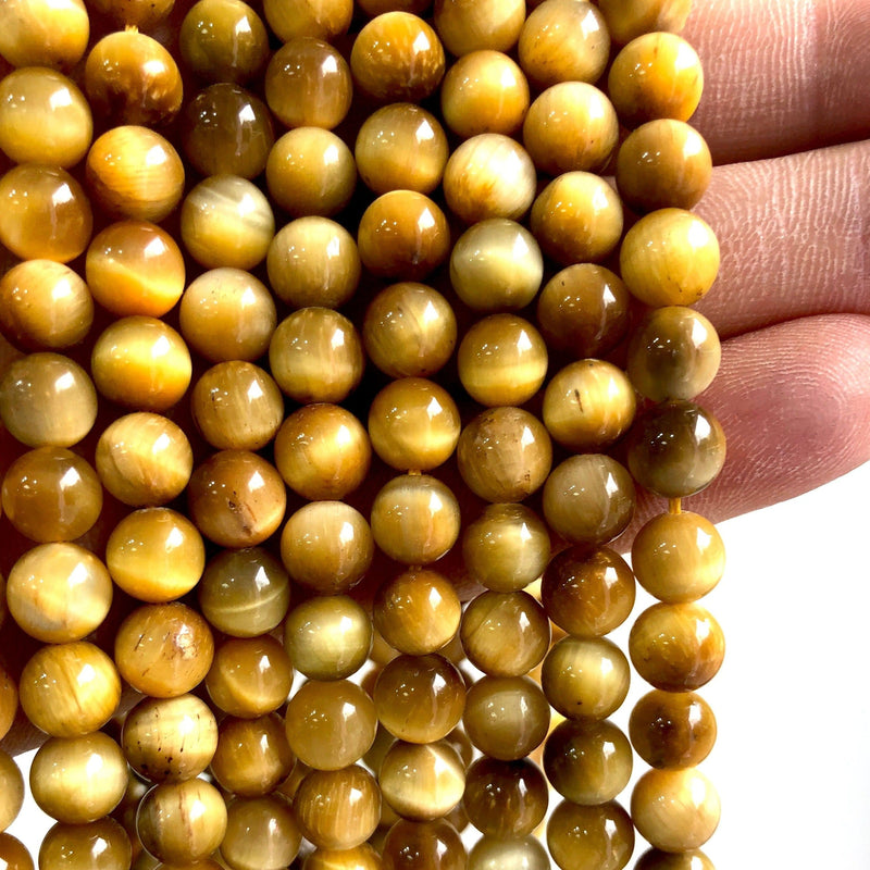 Oeil de tigre perles rondes 8 mm, couleur or pleine rangée 48 perles