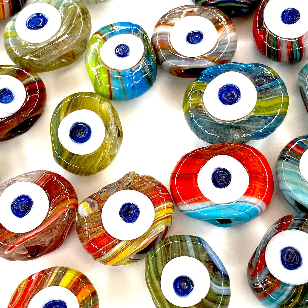 Traditional Turkish Artisan Handmade Glass Evil Eye Beads, Large Hole Evil Eye Glass Beads, Assorted 5 Beads per pack