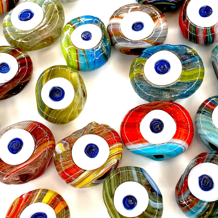 Traditional Turkish Artisan Handmade Glass Evil Eye Beads, Large Hole Evil Eye Glass Beads, Assorted 5 Beads per pack
