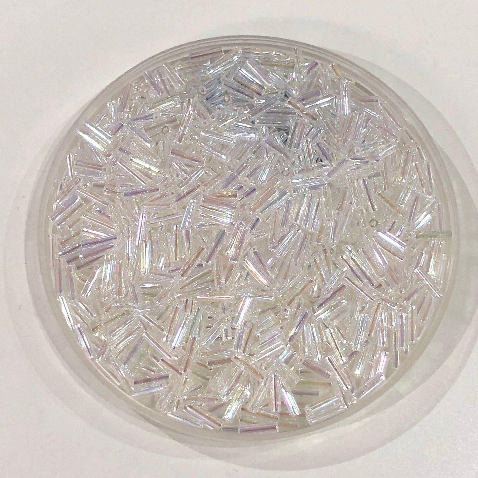 Miyuki Bugles size 6mm 0250 Crystal AB 10 grams.
