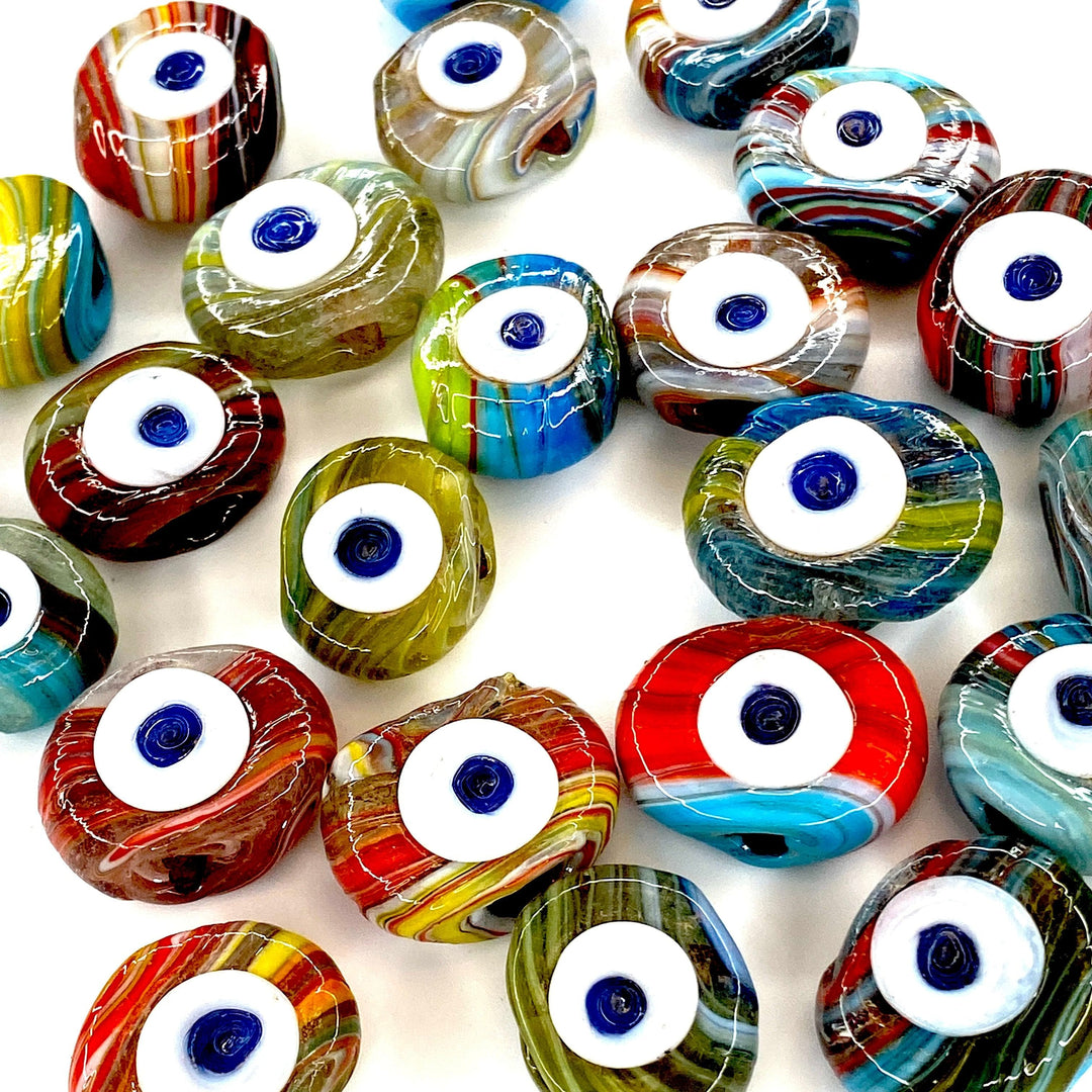 Traditional Turkish Artisan Handmade Glass Evil Eye Beads, Large Hole Evil Eye Glass Beads, Assorted 5 Beads per pack