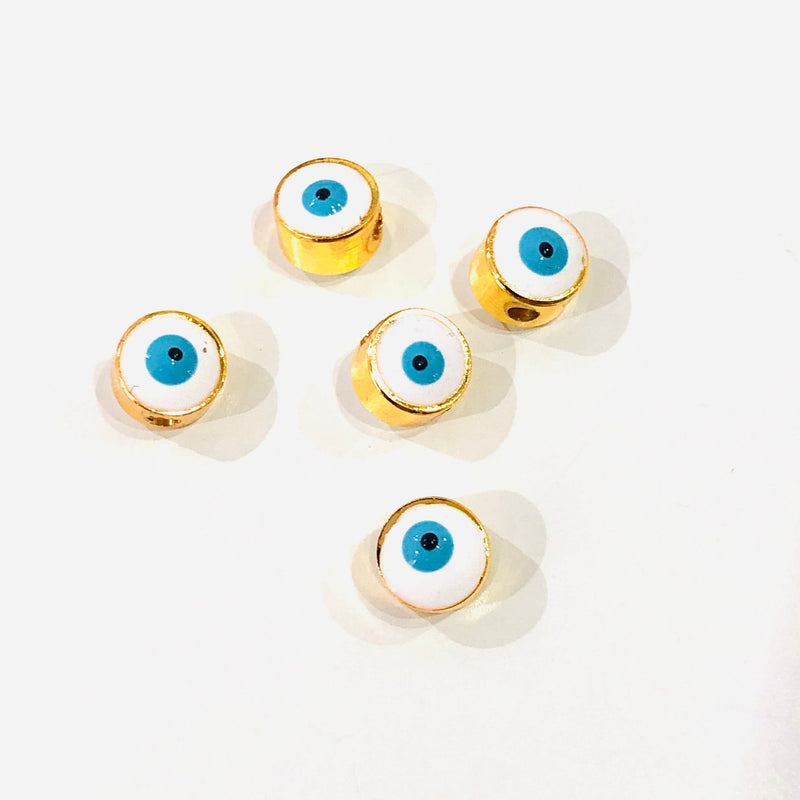 7mm 24K Gold Plated Evil Eye Beads, 7mm 24K Gold Plated Evil Eye Spacers, 5 Pcs in a Pack
