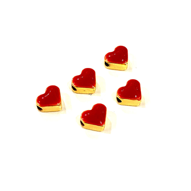 24 Karat glänzend vergoldete, rot emaillierte Herz-Zwischenstück-Charms, 5 Stück in einer Packung