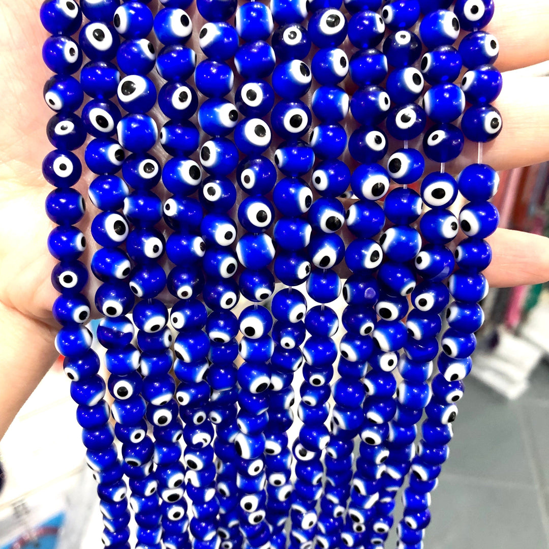 Evil Eye Beads, Strand of 48, Round Glass, 8mm Glass Beads, Lampwork Glass, Evil Eye Jewelry, Lampwork Beads, UK Beading Supply