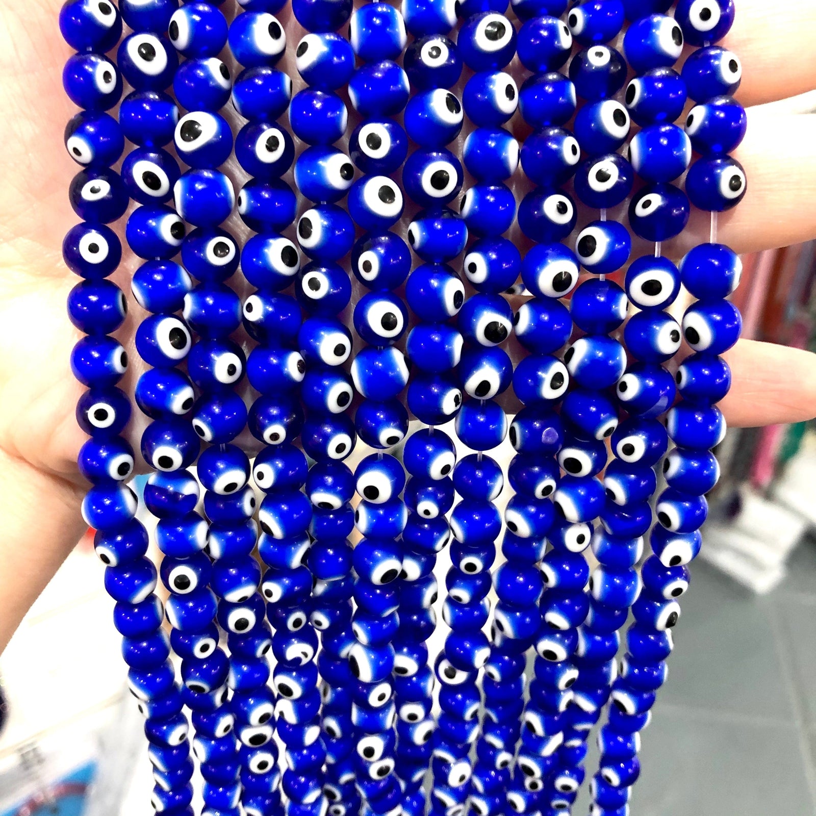Evil Eye Beads, Strand of 48, Round Glass, 8mm Glass Beads, Lampwork Glass, Evil Eye Jewelry, Lampwork Beads, UK Beading Supply