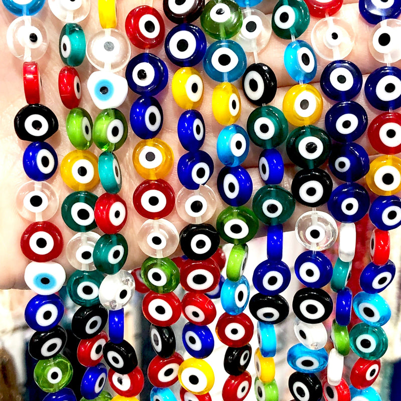 Evil Eye Beads, Strand of 38, Flat Round, 10mm Glass Beads, Lampwork Glass, Evil Eye Jewelry, Lampwork Beads, UK Beading Supply