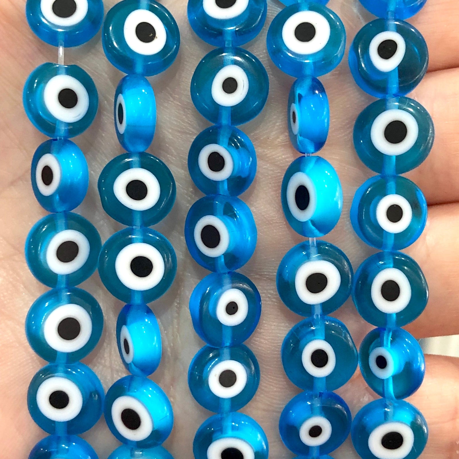 Evil Eye Beads, Strand of 38, Flat Round, 10mm Glass Beads, Lampwork Glass, Evil Eye Jewelry, Lampwork Beads, UK Beading Supply