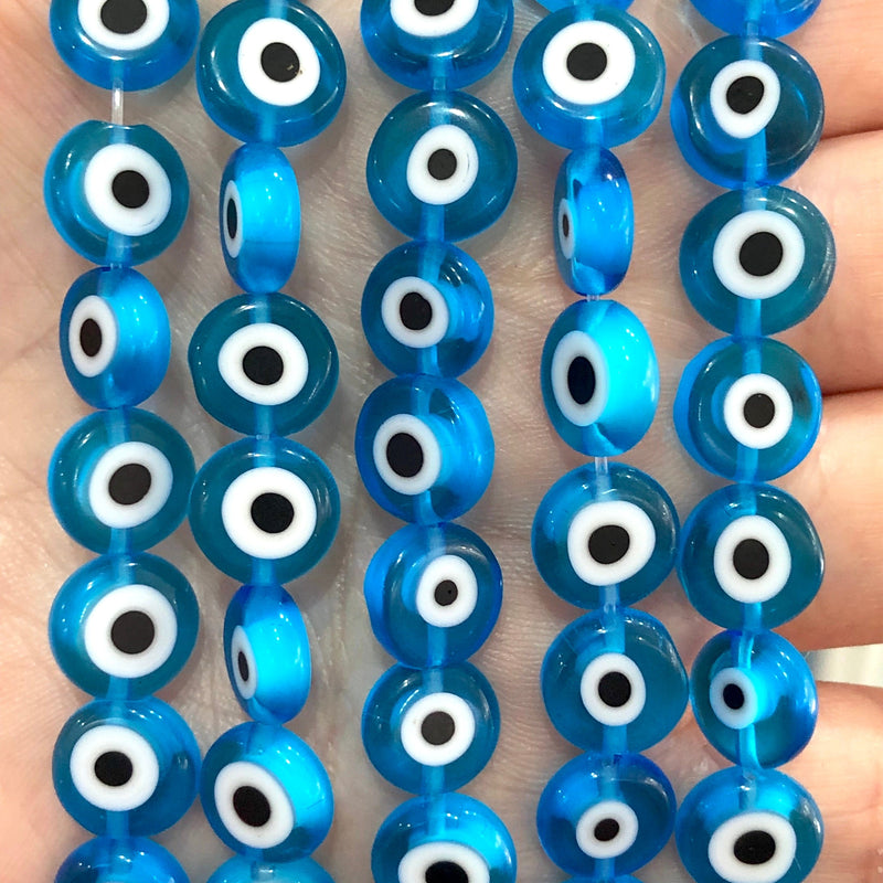 Evil Eye Beads, Strand of 38, Flat Round, 10mm Glass Beads, Lampwork Glass, Evil Eye Schmuck, Lampwork Beads, UK Beading Supply