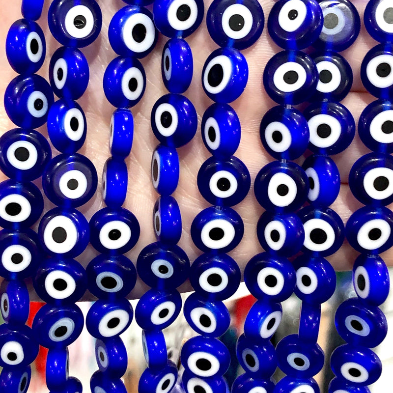 Evil Eye Beads, Strand of 38, Flat Round, 10mm Glass Beads, Lampwork Glass, Evil Eye Jewelry, Lampwork Beads, UK Beading Supply