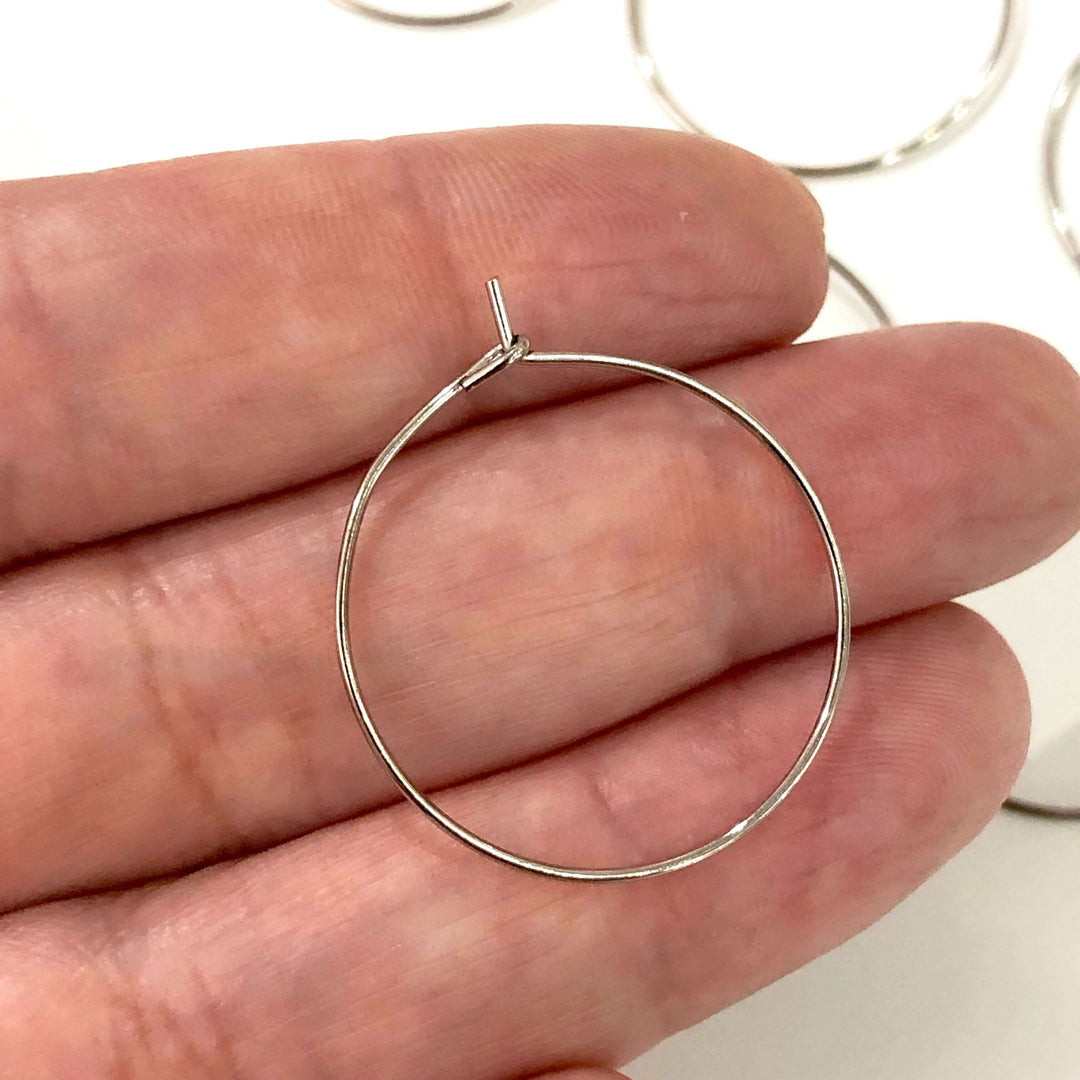 6 Pc, Rhodium Plated Earring Hoops, 30mm, Rhodium Earring, Earring Blanks, Round Earring Hook, Rhodium Earwire, Thin Earring Hoop, Circle Earrings