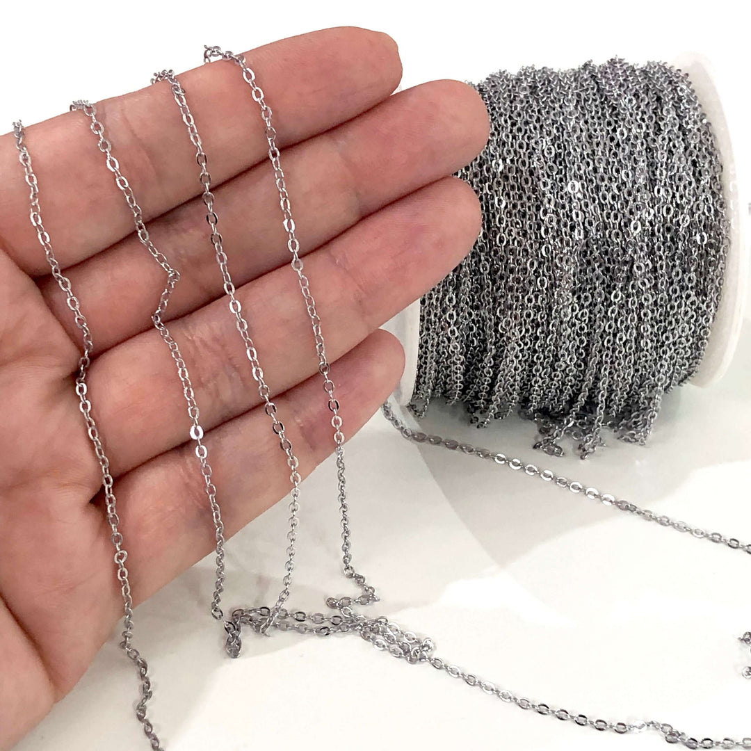 16.5 Foot, 5 Meters Bulk 1,5X2mm Rhodium Plated Cable Chain, Rhodium Plated Soldered Chain