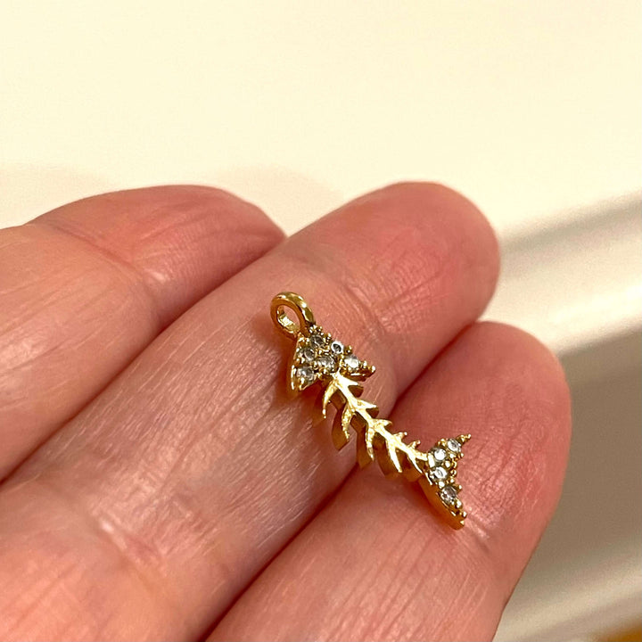 24Kt Gold Plated CZ Micro Pave Fish Bone Charm