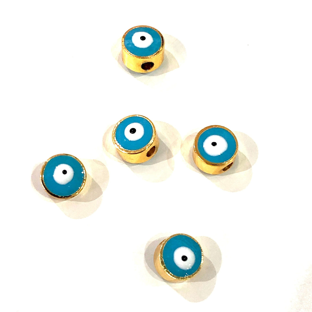 7mm 24K Gold Plated Evil Eye Beads, 7mm 24K Gold Plated Evil Eye Spacers, 5 Pcs in a Pack