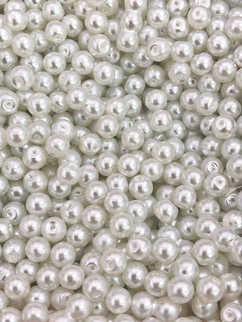 Glass Pearl Beads  8mm 100Gr Pack Approx 160 Beads, White Glass Pearl Beads