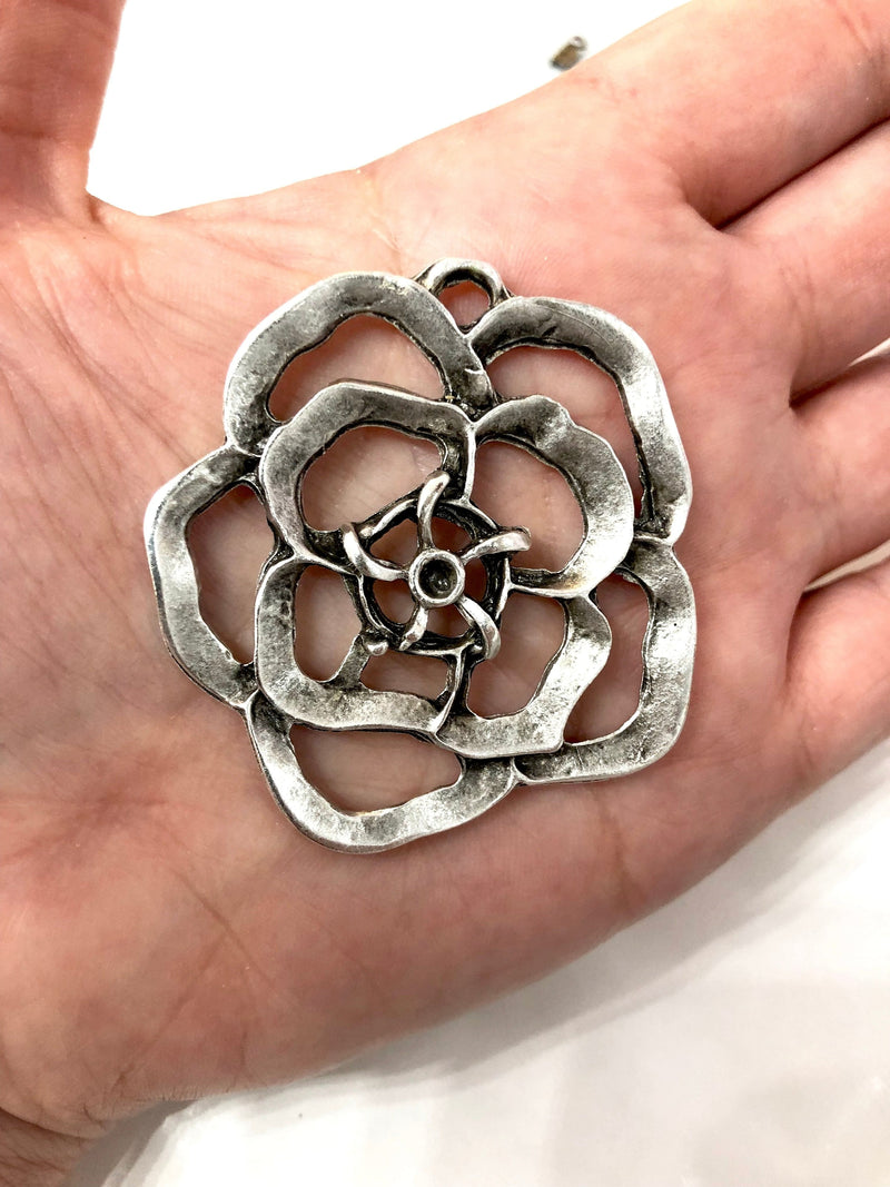 Antique Silver Plated Large Flower Pendant, Large Silver Flower Pendant
