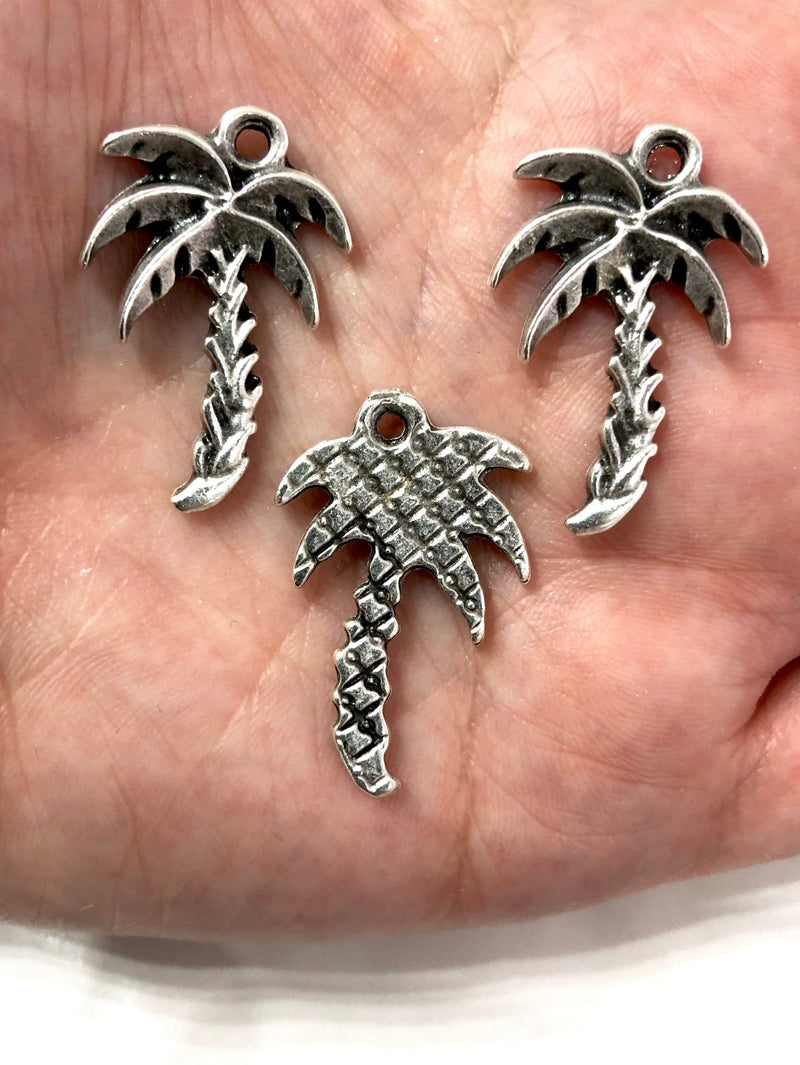 Antique Silver Plated Palm Tree charms,  palm tree pendants, 5 pieces in a pack