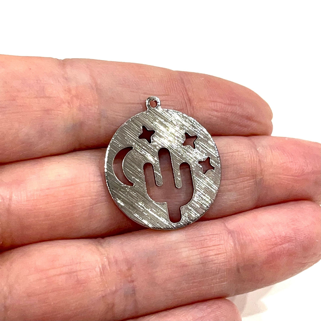 Moon,Sun&amp;Cactus Silver Plated Textured Brass Pendant, Moon,Sun and Cactus Silver Charm