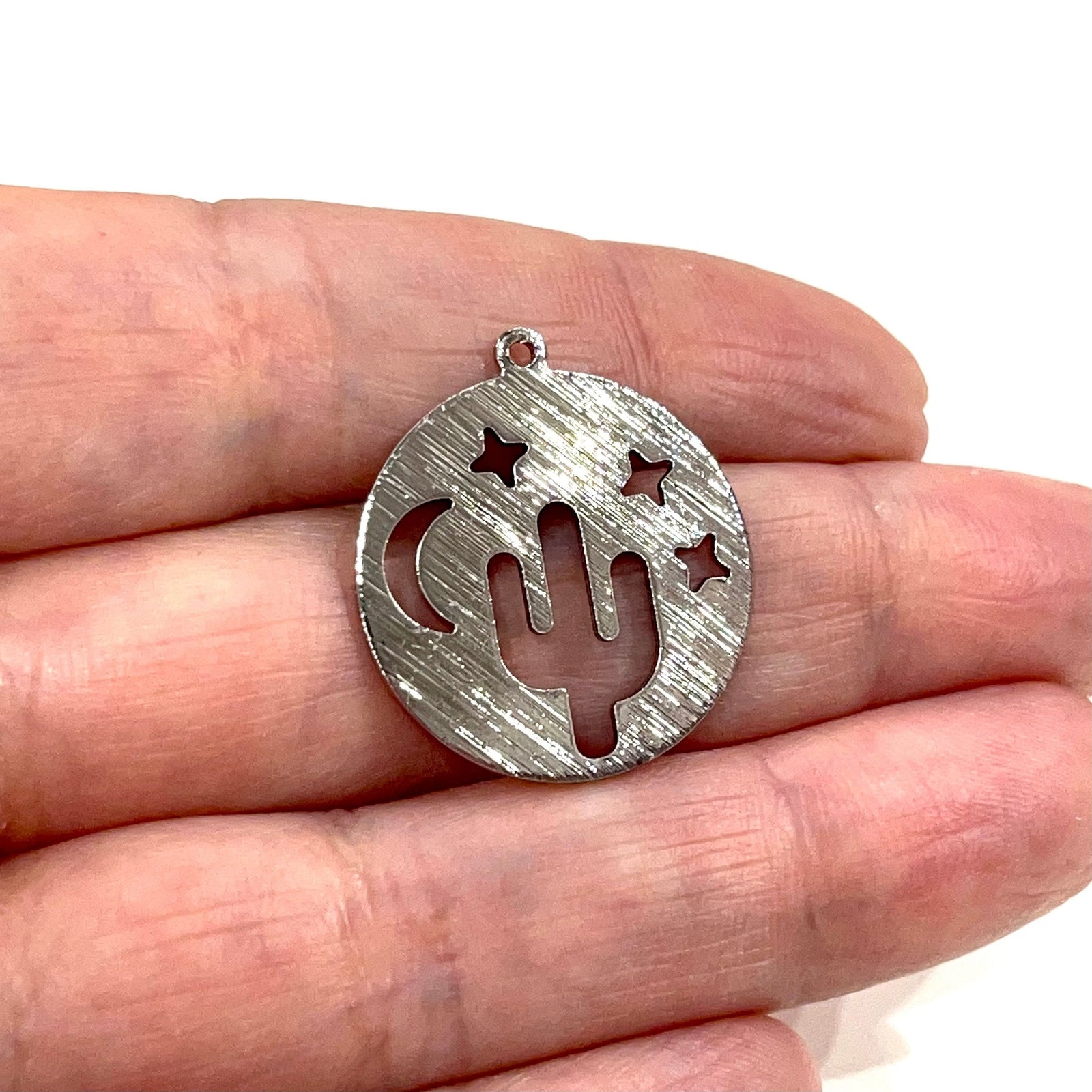 Moon,Sun&Cactus Silver Plated Textured Brass Pendant, Moon,Sun and Cactus Silver Charm