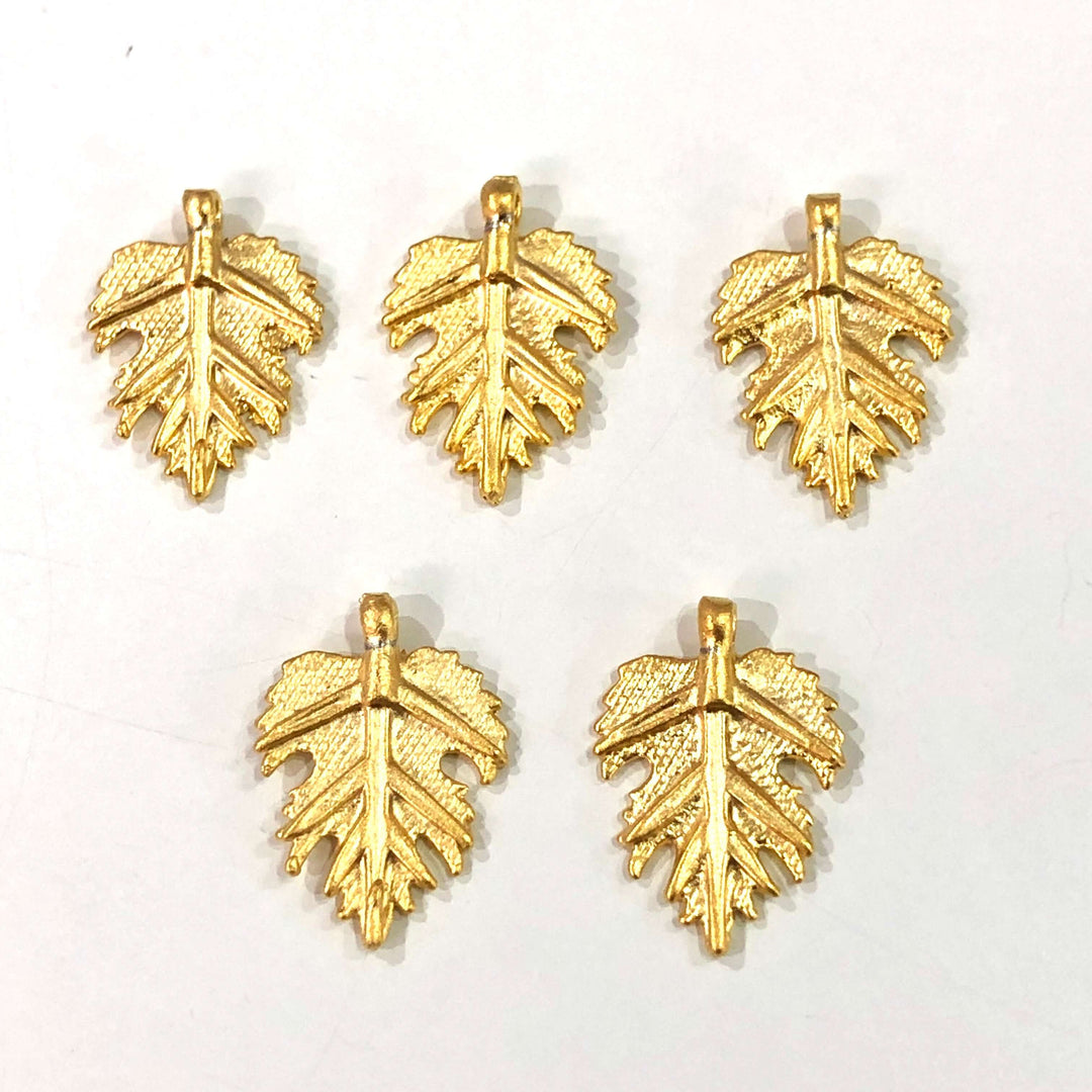 24Kt Matte Gold Plated 18mm Brass Leaf Charms, 5 pcs in a pack