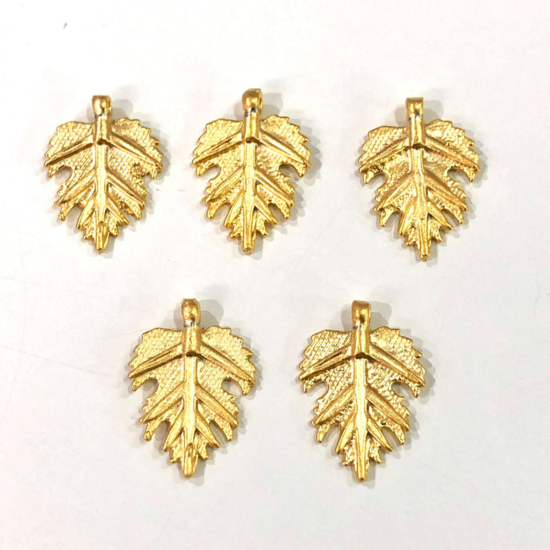 24Kt Matte Gold Plated 18mm Brass Leaf Charms,  5 pcs in a pack