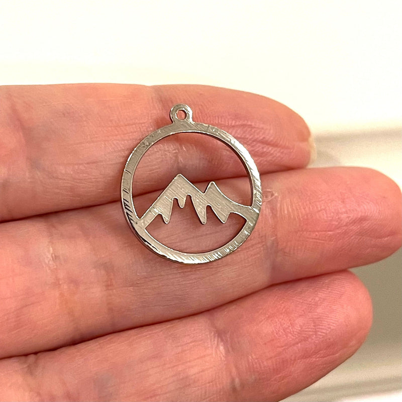 Mountain Silver Plated Textured Brass Pendant, Mountain Patterned Silver Charm