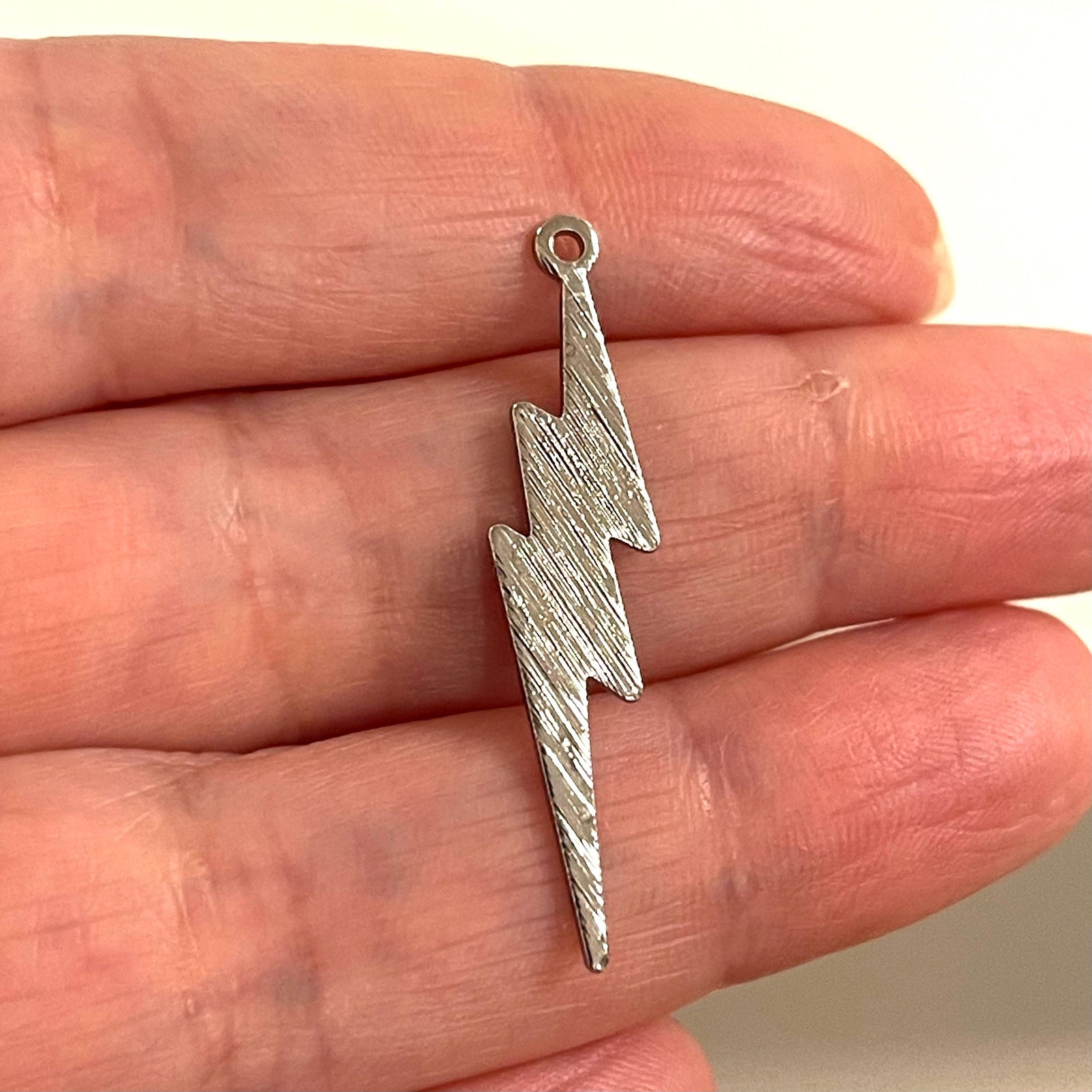 Lightning Bolt Silver Plated Textured Brass Pendants, Lightning Bolt Silver Charms